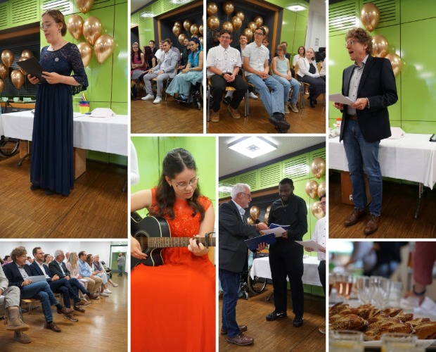 Eine Collage mit Personen in einem Saal Festlich gekelidet, mit Essen un Ballons