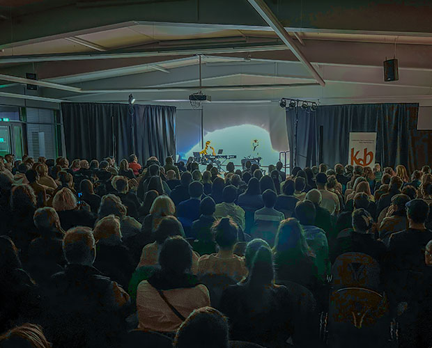 Eine Gruppe von Menschen, welche einem Vortrag zuhöreren. Mit Blick auf die Bühne. Ein Mann sitzt im Rollstuhl und eine Frau am Keyboard